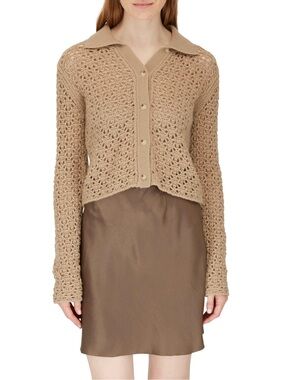Vince Knit Cashmere Wool Crochet Brown Neutral Cardigan Collared Size L